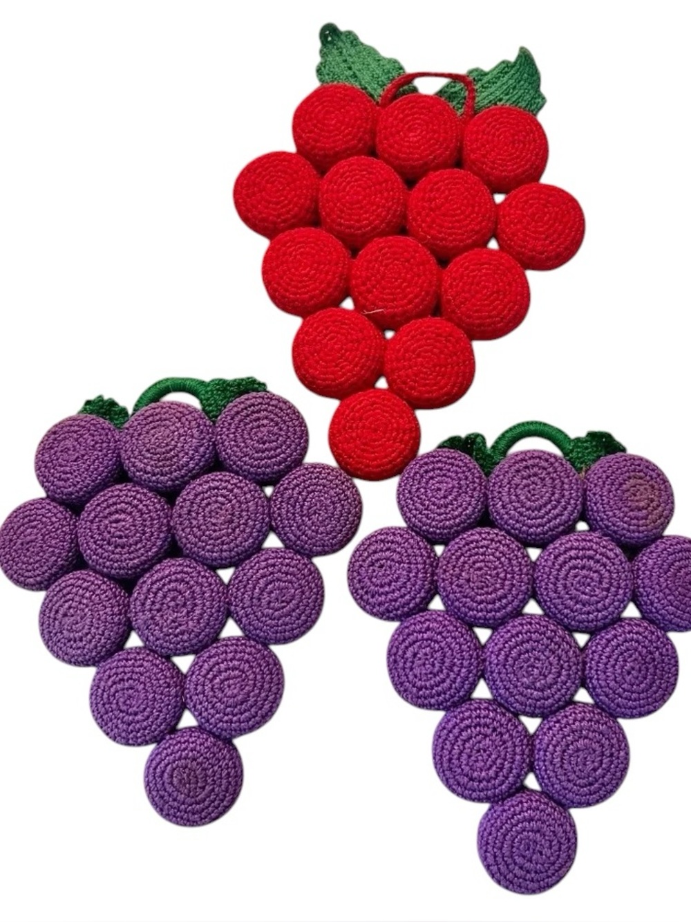 Vintage Grapes Trivet Hot Pad Crochet Bottle Cap 1 Red and 2 Purple Lot of 3